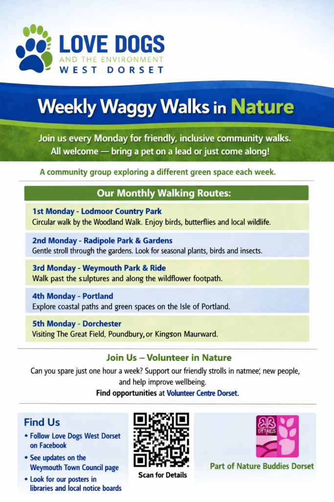 A poster for the Love Dogs West Dorset weekly walks